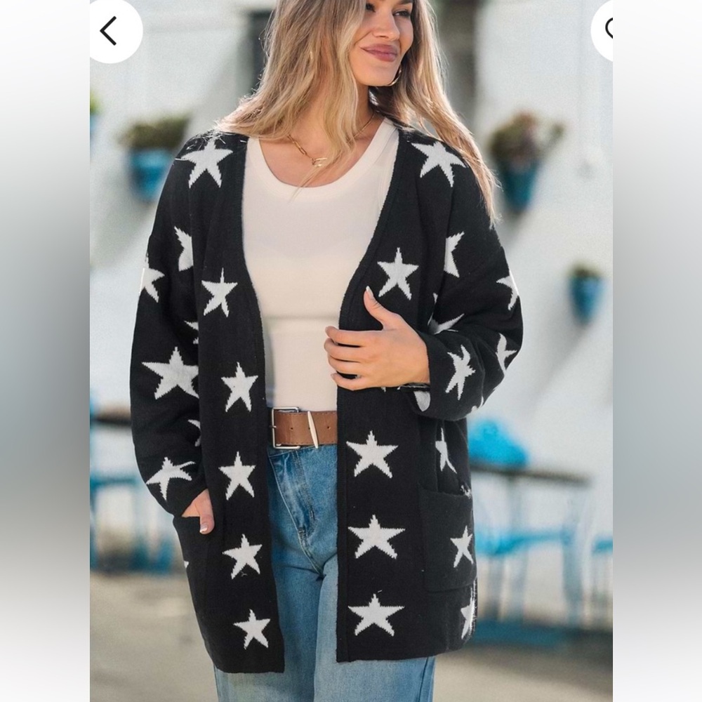 Cupshe NWT M Star Pattern Black and White Women's OPEN LONG CARDIGAN Sweater